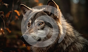 close up photo of gray wolf on blurry forest background. Generative AI