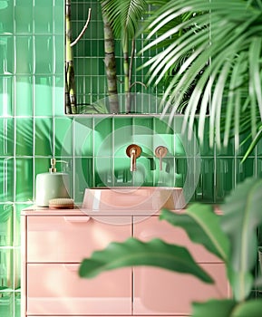 close-up photo of green square glossy tiles on the wall, white washbasin, green plant and pink cabinet