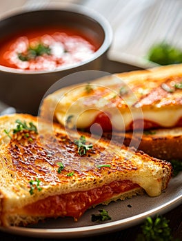 A close-up photo of a grilled cheese sandwich cut in half, revealing melted cheese and a bowl of tomato soup on a white