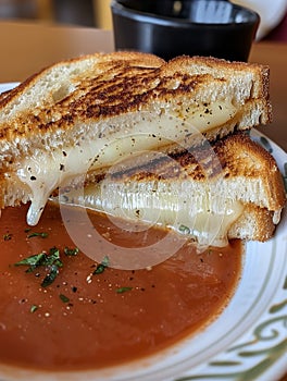 A close-up photo of a grilled cheese sandwich cut in half, revealing melted cheese and a bowl of tomato soup on a white