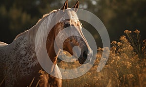 close up photo of Hackney show horse on blurry forest background. Generative AI