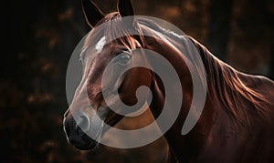 close up photo of Hackney show horse on blurry forest background. Generative AI