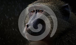 close up photo of Hamadryas sacred baboon on dark blurry background. Generative AI
