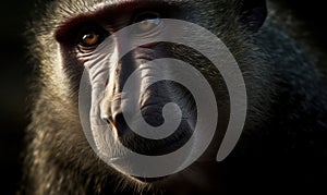close up photo of Hamadryas sacred baboon on dark blurry background. Generative AI