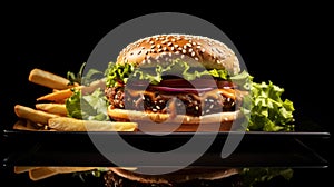 Close-up Photo Of Hamburger With Fries On Black Background