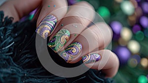 A close-up photo of a hand with Mardi Gras nail art, intricate designs in purple, green, and gold, with swirls, stripes