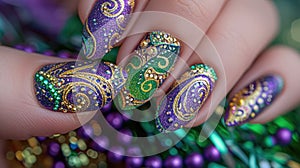 A close-up photo of a hand with Mardi Gras nail art, intricate designs in purple, green, and gold, with swirls, stripes