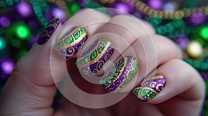 A close-up photo of a hand with Mardi Gras nail art, intricate designs in purple, green, and gold, with swirls, stripes