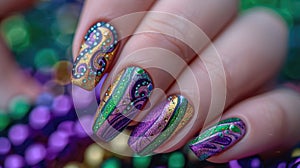 A close-up photo of a hand with Mardi Gras nail art, intricate designs in purple, green, and gold, with swirls, stripes