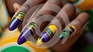 A close-up photo of a hand with Mardi Gras nail art, intricate designs in purple, green, and gold, with swirls, stripes