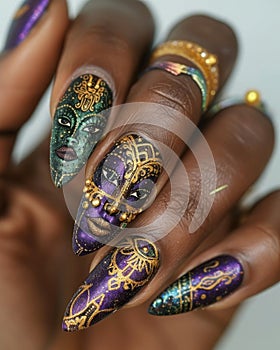 A close-up photo of a hand with Mardi Gras nail art, intricate designs in purple, green, and gold, with swirls, stripes