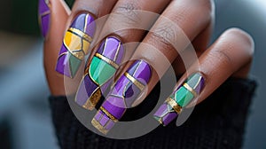 A close-up photo of a hand with Mardi Gras nail art, intricate designs in purple, green, and gold, with swirls, stripes