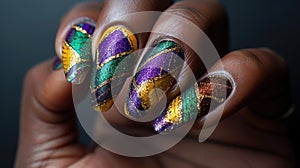 A close-up photo of a hand with Mardi Gras nail art, intricate designs in purple, green, and gold, with swirls, stripes