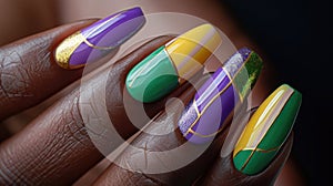 A close-up photo of a hand with Mardi Gras nail art, intricate designs in purple, green, and gold, with swirls, stripes