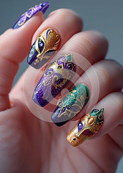 A close-up photo of a hand with Mardi Gras nail art, intricate designs in purple, green, and gold, with swirls, stripes