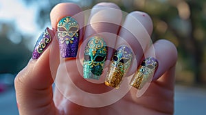 A close-up photo of a hand with Mardi Gras nail art, intricate designs in purple, green, and gold, with swirls, stripes