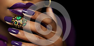 A close-up photo of a hand with Mardi Gras nail art, intricate designs in purple, green, and gold, with swirls, stripes