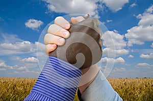 Close up photo of a handshake between afroamerican and european hands inside of wheat field. Handshake is in front of wheat field