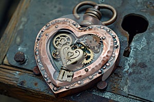 A close-up photo of a heart shaped key with intricate gears attached to it, showcasing the fusion of romantic and mechanical