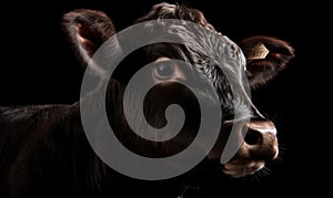 close up photo of heifer bovine on black background. Generative AI