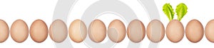 Close-up photo of henâ€™s eggs with eggshell texture in a row. One egg has Easter bunny ears made of salad leaves. Seamless