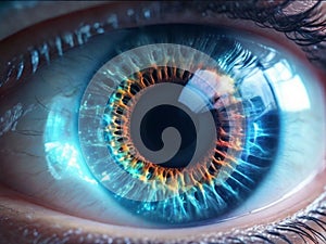 Ai Generative, close up photo of human eye cornea with charming gaze, very beautiful blue eyeballs photo