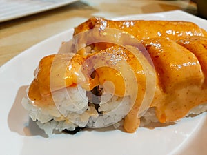 Close-up photo of the Indonesian version of Japanese food, crispy menta tuna salad. photo