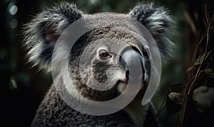 close up photo of koala on blurry foret background. Generative AI