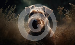 close up photo of Lakeland terrier on blurry outdoors background. Generative AI