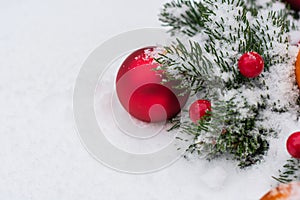 Close-up photo of a large red Christmas toy in the form of a ball and several small ones on a branch of a coniferous tree