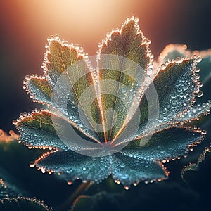 A close-up photo of leaf with morning dews