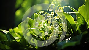 Close-up photo of lily of the valley in the forest with sunlight. Generative AI