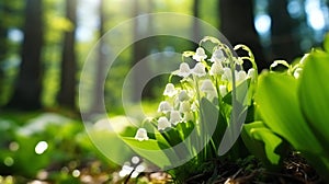 Close-up photo of lily of the valley in the forest with sunlight. Generative AI