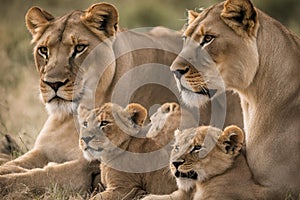 Close up photo of lioness and lion with four cubs