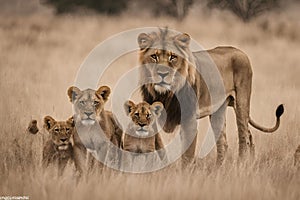 Close up photo of lioness and lion with four cubs