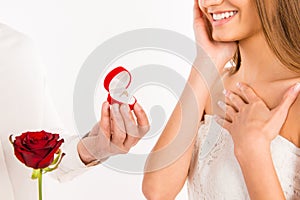 Close up photo of making proposal of marrige to happy girlfriend