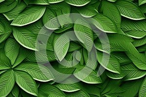 A close-up photo of many green leaves in a seamless pattern on a green background