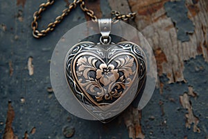A close-up photo of a metallic red heart-shaped lock attached to a chain, with a key inserted in it, An ornate heart-shaped locket