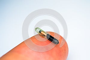 Close-up photo of a microchip for pets on human finger