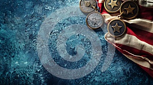 A close-up photo of military medals and a folded flag of bravery, a folded flag highlighting their intricate