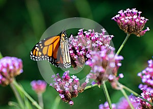 Close-up photo of a monarch butterfly on the purple flowers with green background.