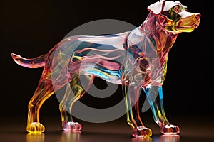 A close-up photo of a multicolored glass sculpture of a dog on a black background