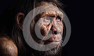 close up photo of Neanderthal archaic human on black background. Generative AI photo