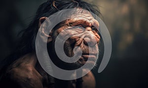 close up photo of Neanderthal archaic human on dark blurry cave background. Generative AI