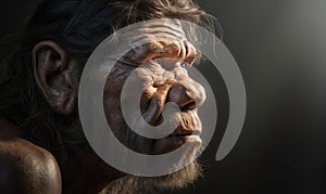 close up photo of Neanderthal archaic human on dark blurry cave background. Generative AI