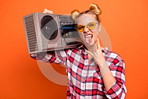 Close up photo nice she her nice lady toothy beaming smile vintage recorder shoulder horns symbol arm cool specs tongue