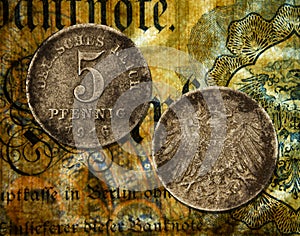 Close-up photo of  an old German mark, five pfennig coin from 1916