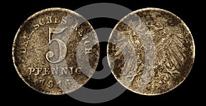 Close-up photo of an old German mark, five pfennig coin from 1916