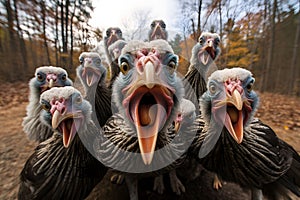 Close-up photo on the open beaks of rabid turkeys. Turkey as the main dish of thanksgiving for the harvest