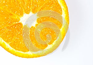 Close up photo of Orange Fruit on the white and orange background. Citrus cut in half, inside, macro view. Minimalism, original